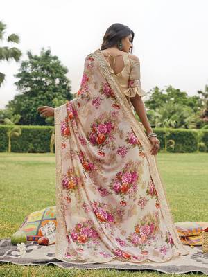 Peach printed georgette saree with blouse 2