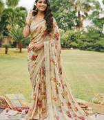 Beige printed georgette saree with blouse