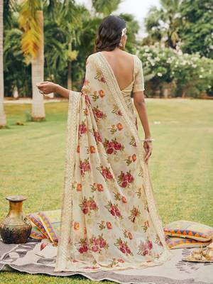 Beige printed georgette saree with blouse 2