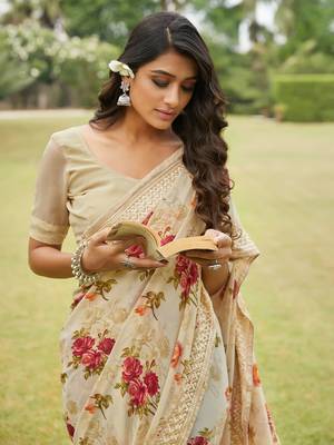 Beige printed georgette saree with blouse 3