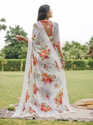 White printed georgette saree with blouse 2