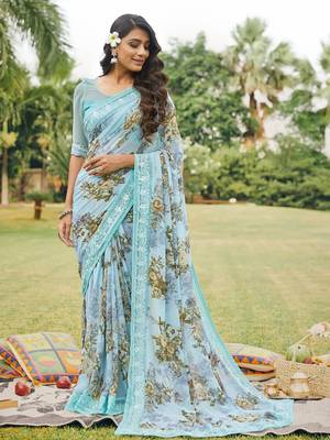 Light blue printed georgette saree with blouse 1