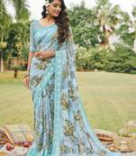 Light blue printed georgette saree with blouse