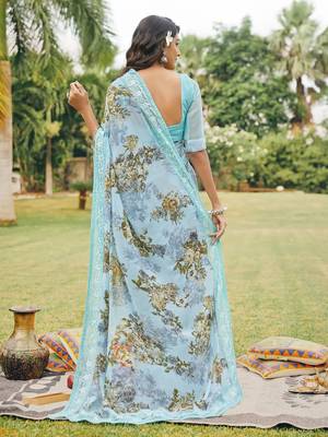 Light blue printed georgette saree with blouse 2