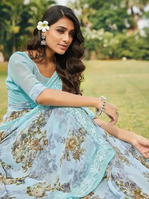 Light blue printed georgette saree with blouse 3