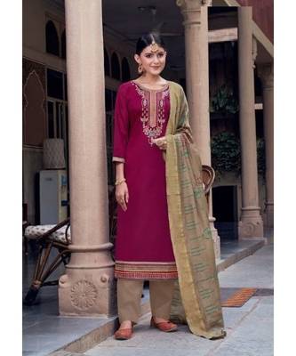 Maroon Silk semi stitched thread embroidery top & bottom with dupatta 1