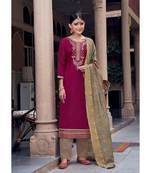 Maroon Silk semi stitched thread embroidery top & bottom with dupatta