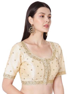 Gold Mulberry Silk Embroidered Readymade Saree Blouse 4