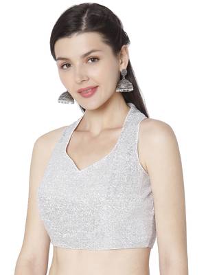 Silver Georgette Sequence Self Design Readymade Saree Blouse 3