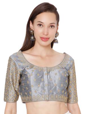 Grey Raw Silk Art Embroidered Readymade Saree Blouse 1