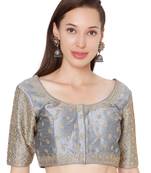 Grey Raw Silk Art Embroidered Readymade Saree Blouse
