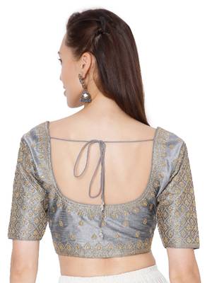 Grey Raw Silk Art Embroidered Readymade Saree Blouse 2