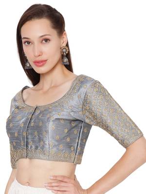 Grey Raw Silk Art Embroidered Readymade Saree Blouse 3