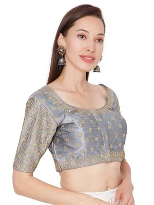 Grey Raw Silk Art Embroidered Readymade Saree Blouse 4