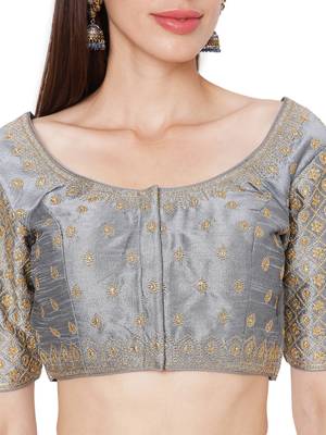 Grey Raw Silk Art Embroidered Readymade Saree Blouse 5