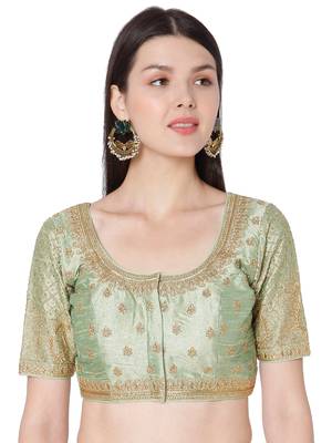 Pista Green Raw Silk Art Embroidered Readymade Saree Blouse 1