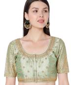 Pista Green Raw Silk Art Embroidered Readymade Saree Blouse