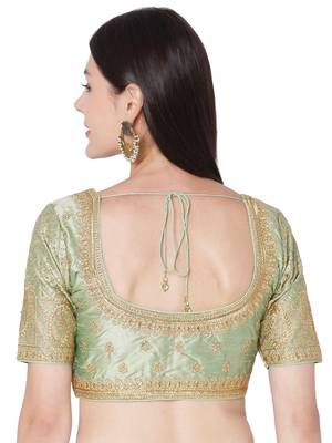 Pista Green Raw Silk Art Embroidered Readymade Saree Blouse 2