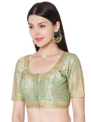 Pista Green Raw Silk Art Embroidered Readymade Saree Blouse 3