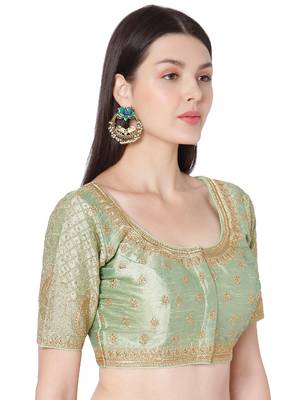 Pista Green Raw Silk Art Embroidered Readymade Saree Blouse 4