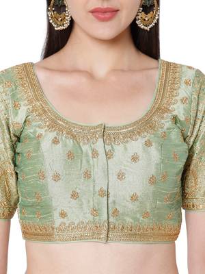 Pista Green Raw Silk Art Embroidered Readymade Saree Blouse 5
