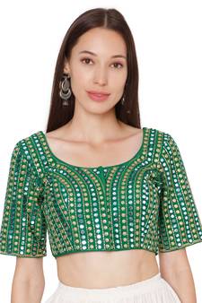 Green Slub Silk Mirror Emb. Embroidered Readymade Saree Blouse