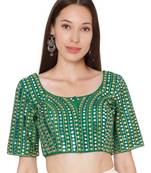 Green Slub Silk Mirror Emb. Embroidered Readymade Saree Blouse