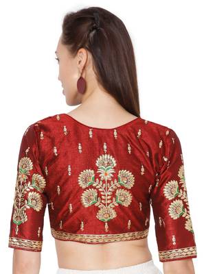 Maroon Cotton Blend Embroidered Readymade Saree Blouse 2