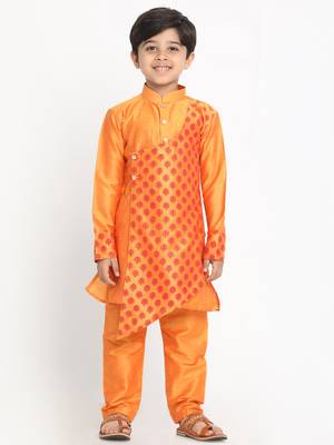 Orange Plain Blended Cotton Boys-Kurta-Pyjama 2