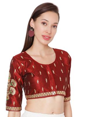 Maroon Cotton Blend Embroidered Readymade Saree Blouse 4