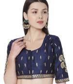 Blue Cotton Blend Embroidered Readymade Saree Blouse