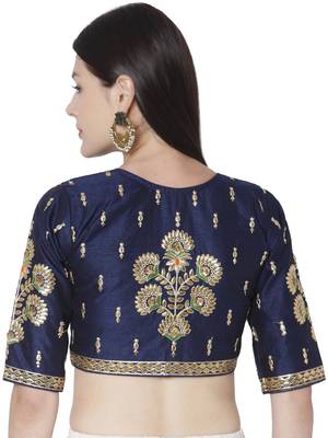 Blue Cotton Blend Embroidered Readymade Saree Blouse 2