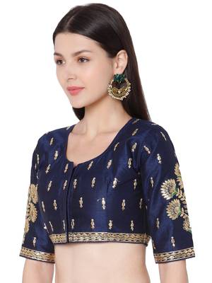Blue Cotton Blend Embroidered Readymade Saree Blouse 3