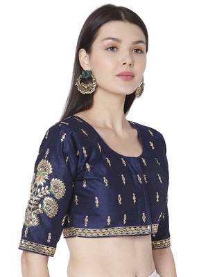 Blue Cotton Blend Embroidered Readymade Saree Blouse 4