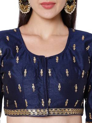 Blue Cotton Blend Embroidered Readymade Saree Blouse 5