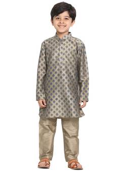 Gold Plain Blended Cotton Boys-Kurta-Pyjama