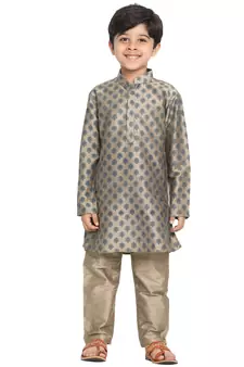 Gold Plain Blended Cotton Boys-Kurta-Pyjama