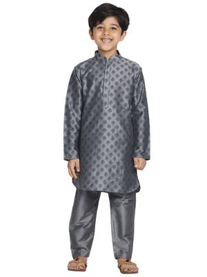 Grey Plain Blended Cotton Boys-Kurta-Pyjama 1