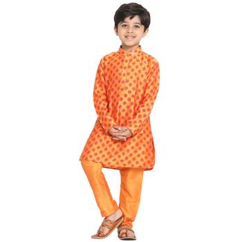Orange Plain Blended Cotton Boys-Kurta-Pyjama 1
