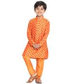 Orange Plain Blended Cotton Boys-Kurta-Pyjama