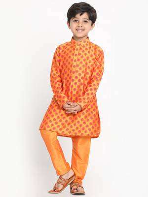 Orange Plain Blended Cotton Boys-Kurta-Pyjama 2