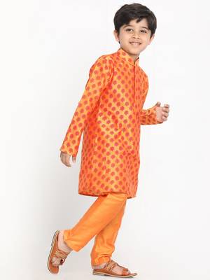 Orange Plain Blended Cotton Boys-Kurta-Pyjama 3