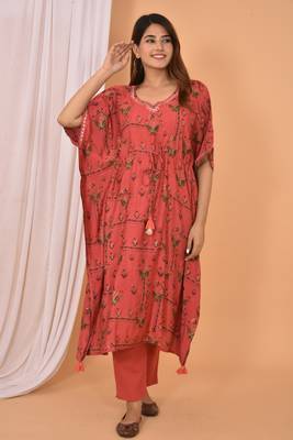 Red embroidered rayon Kaftan with Pant 1