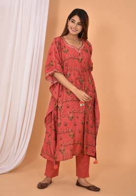Red embroidered rayon Kaftan with Pant 3