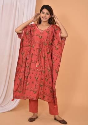 Red embroidered rayon Kaftan with Pant 5