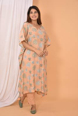 Peach printed rayon Kaftan with Pant 3