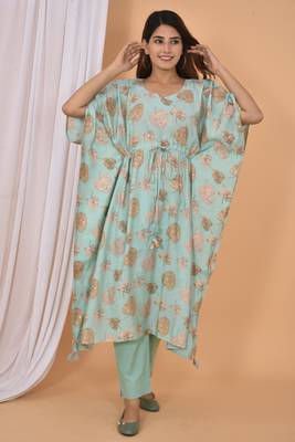 Green printed rayon Kaftan with Pant 1