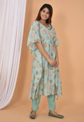 Green printed rayon Kaftan with Pant 3