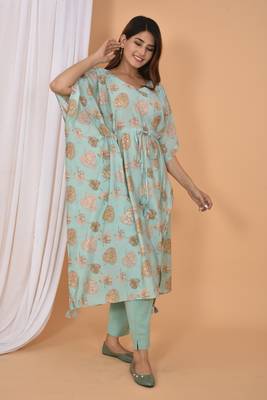 Green printed rayon Kaftan with Pant 4