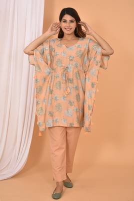Peach printed rayon Kaftan with Pant 1